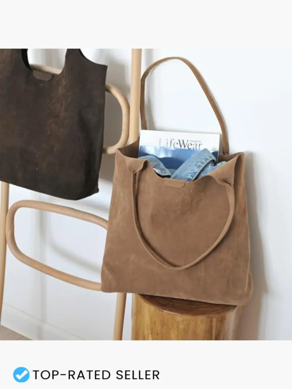 Faux Suede Tote Bag Slouchy Hobo Shoulder Handbag Casual Minimal Chic Everyday